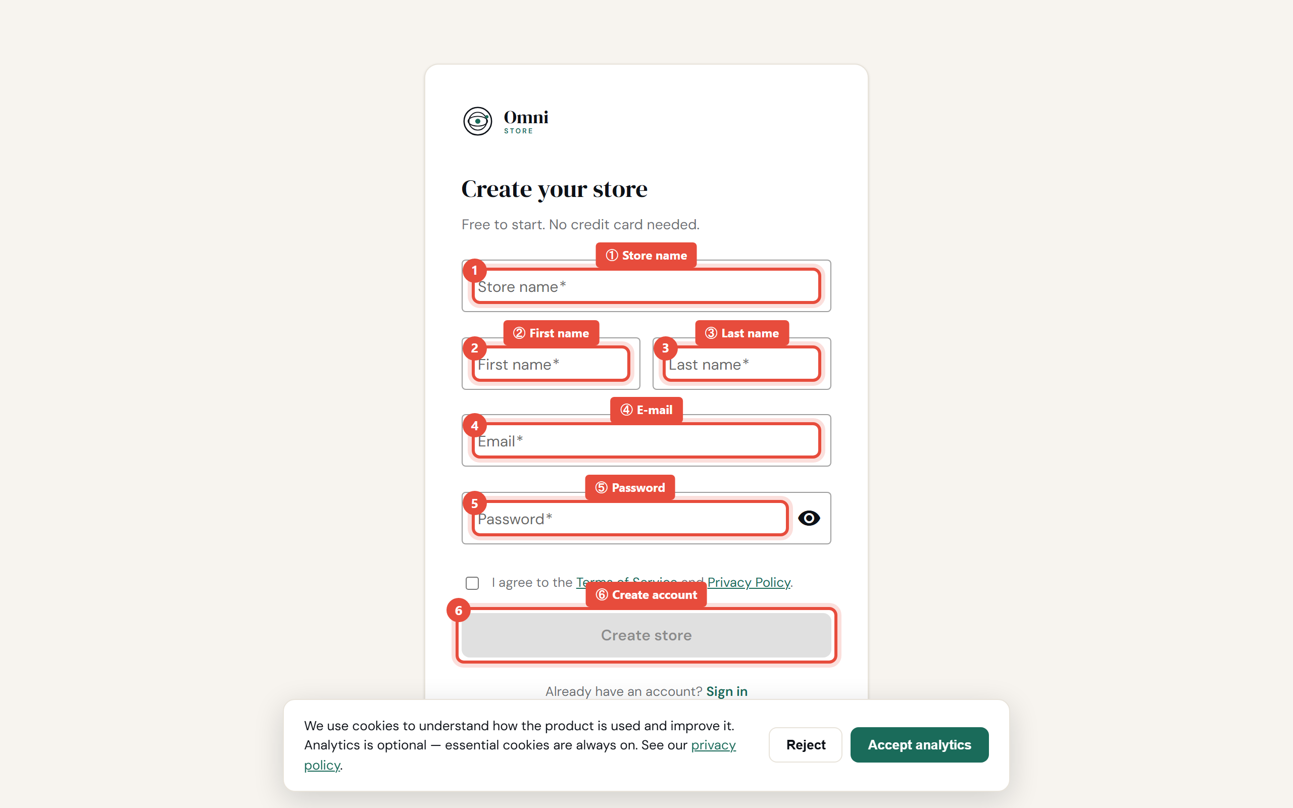 Create account page - desktop