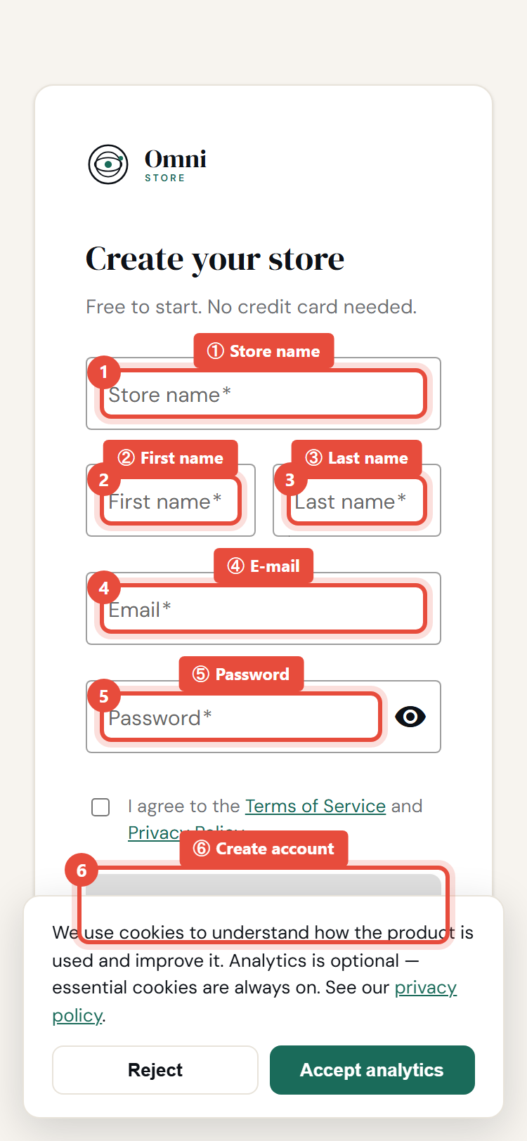 Create account page - mobile