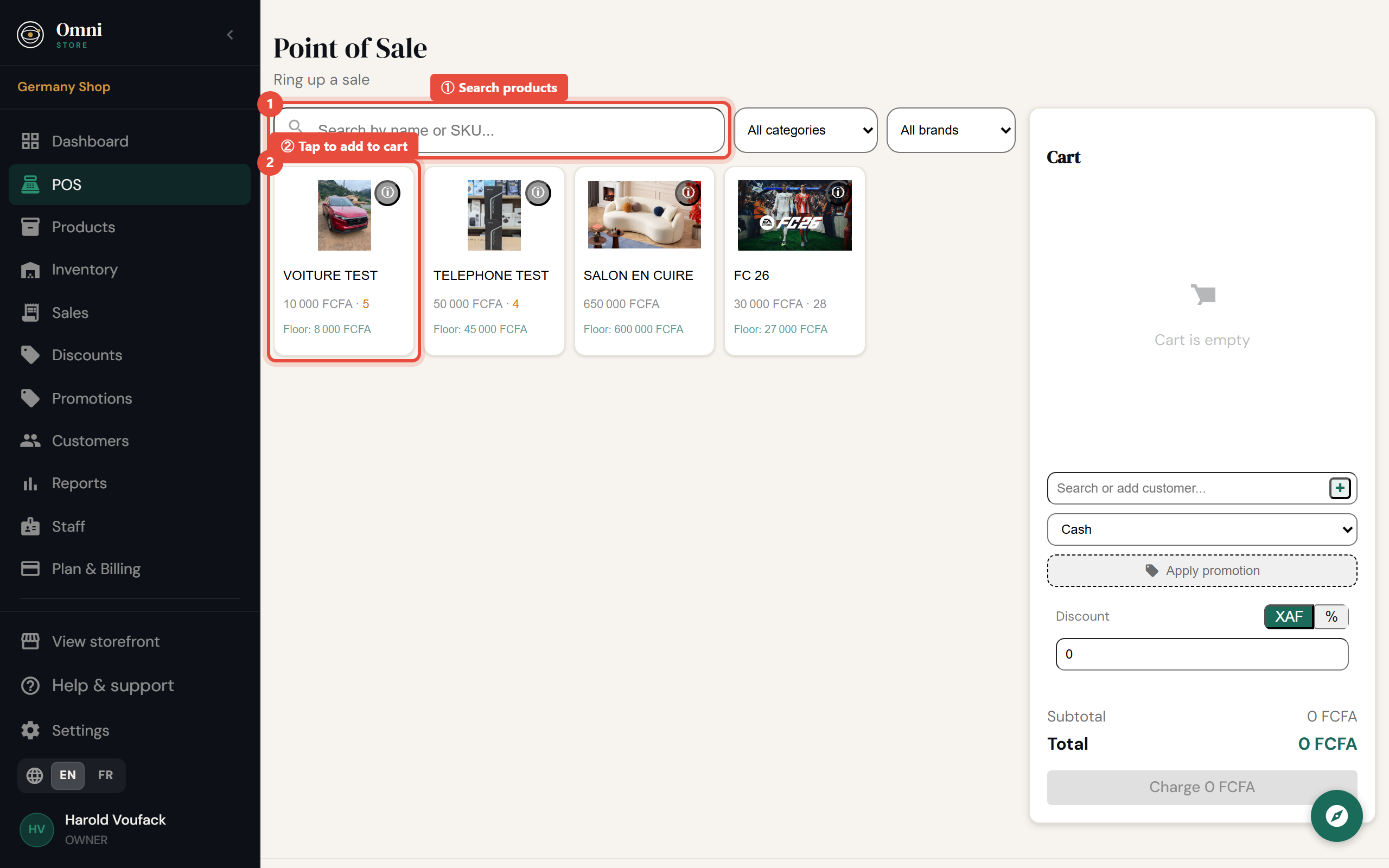 Steps 1–2 - Search and tap products to add them