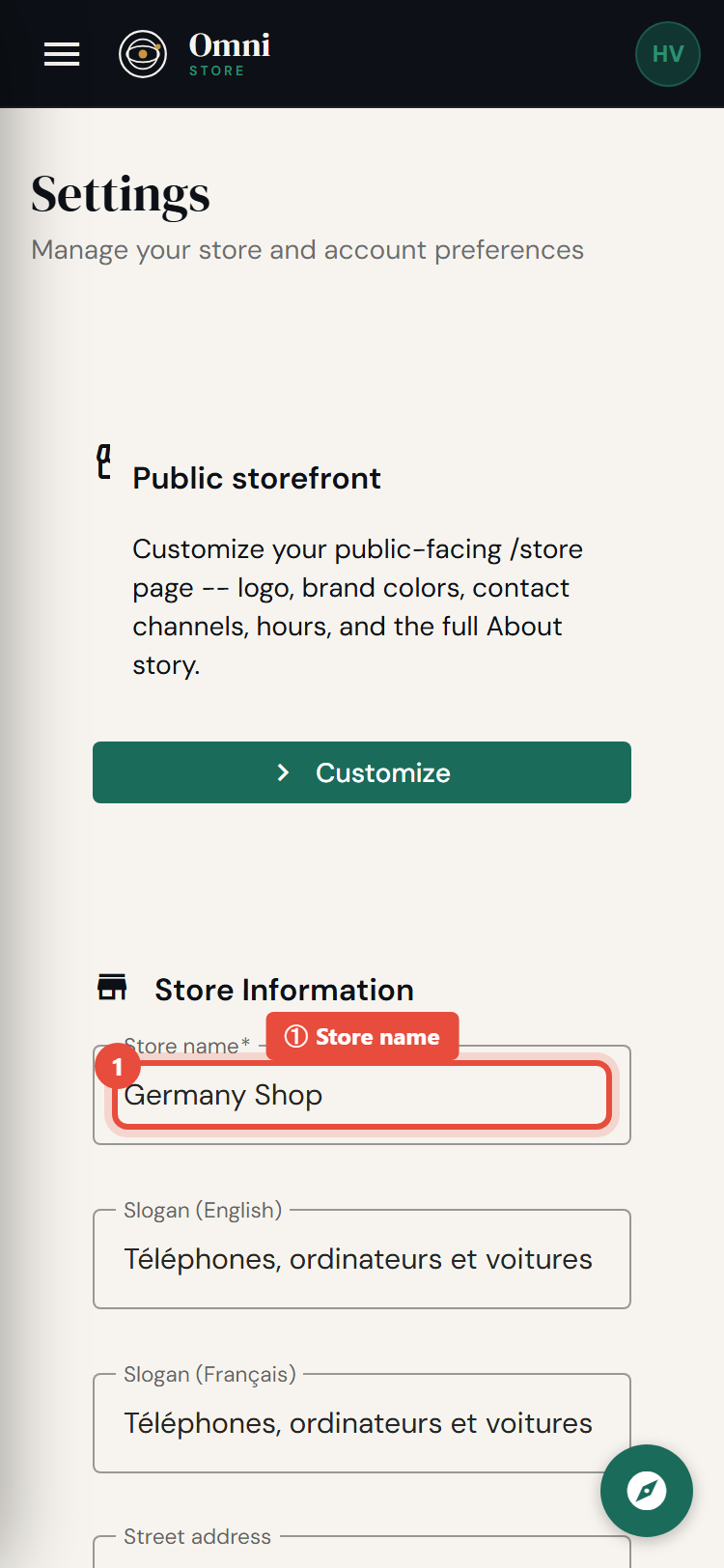 Settings page - mobile