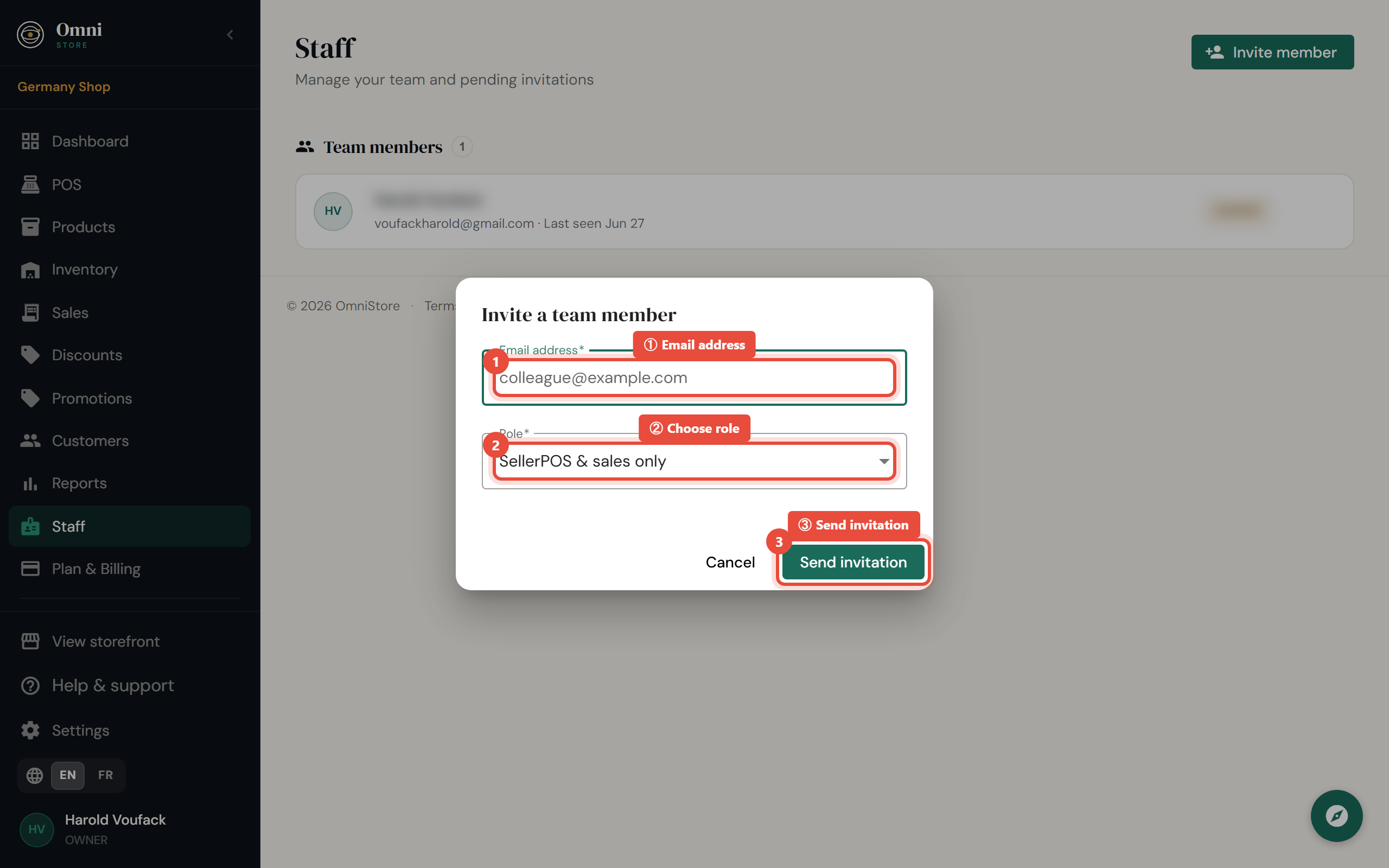 Steps 2–4 - Fill in email and role, then send
