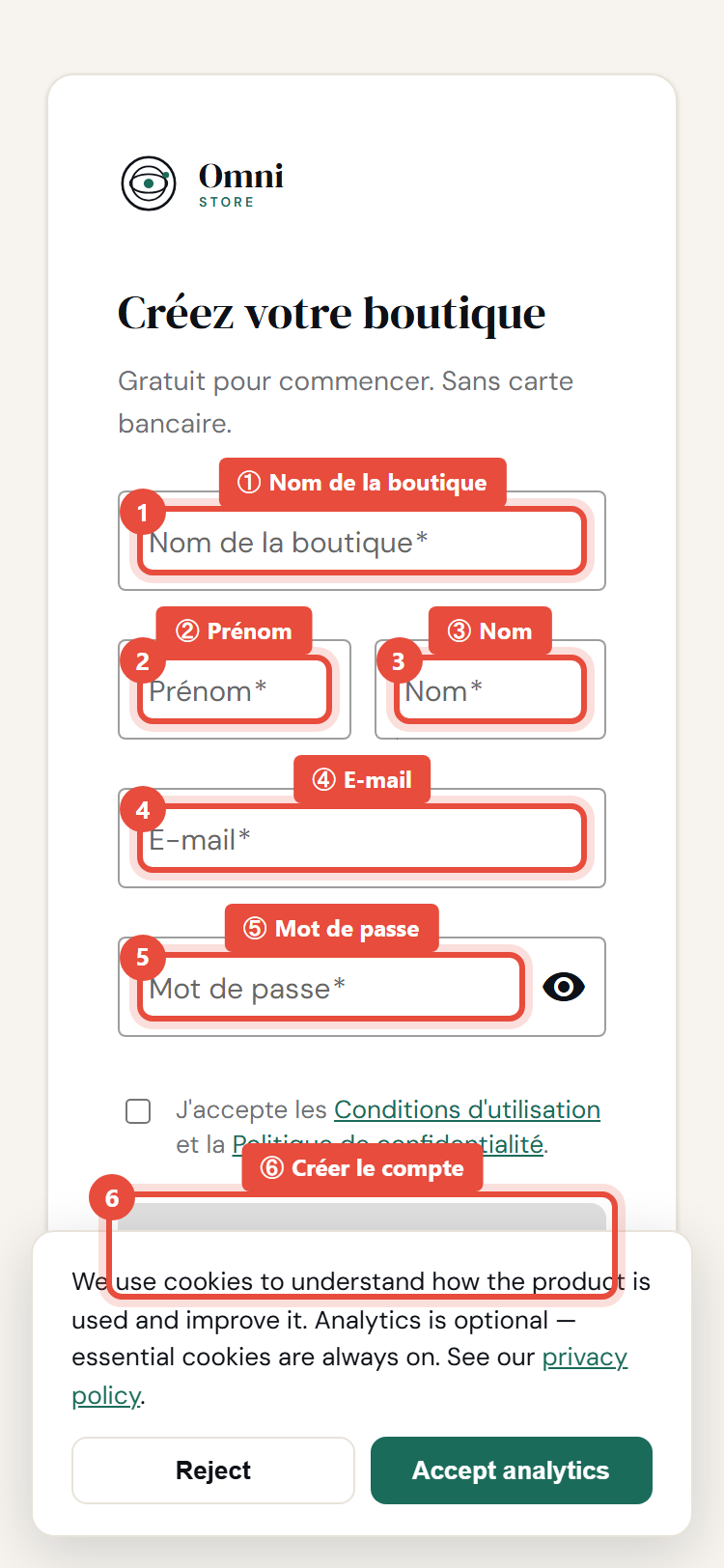 Page de création de compte - mobile