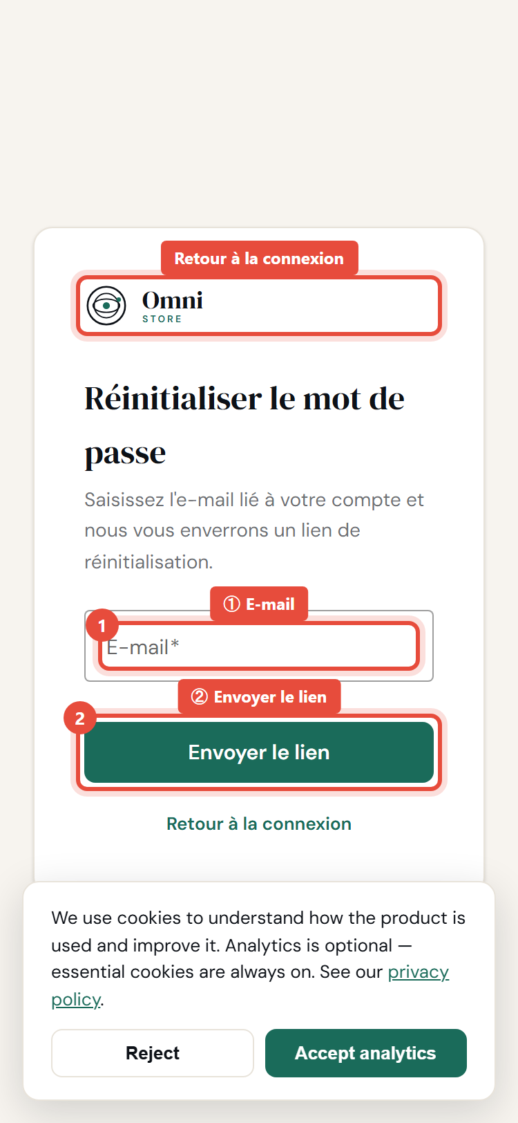 Page mot de passe oublié - mobile