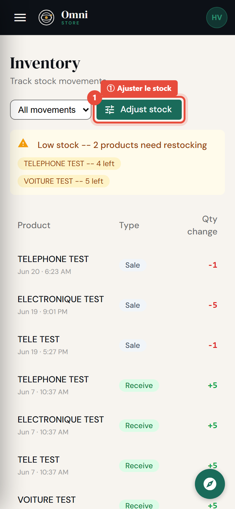 Étape 1 - Cliquez sur Ajuster le stock - mobile