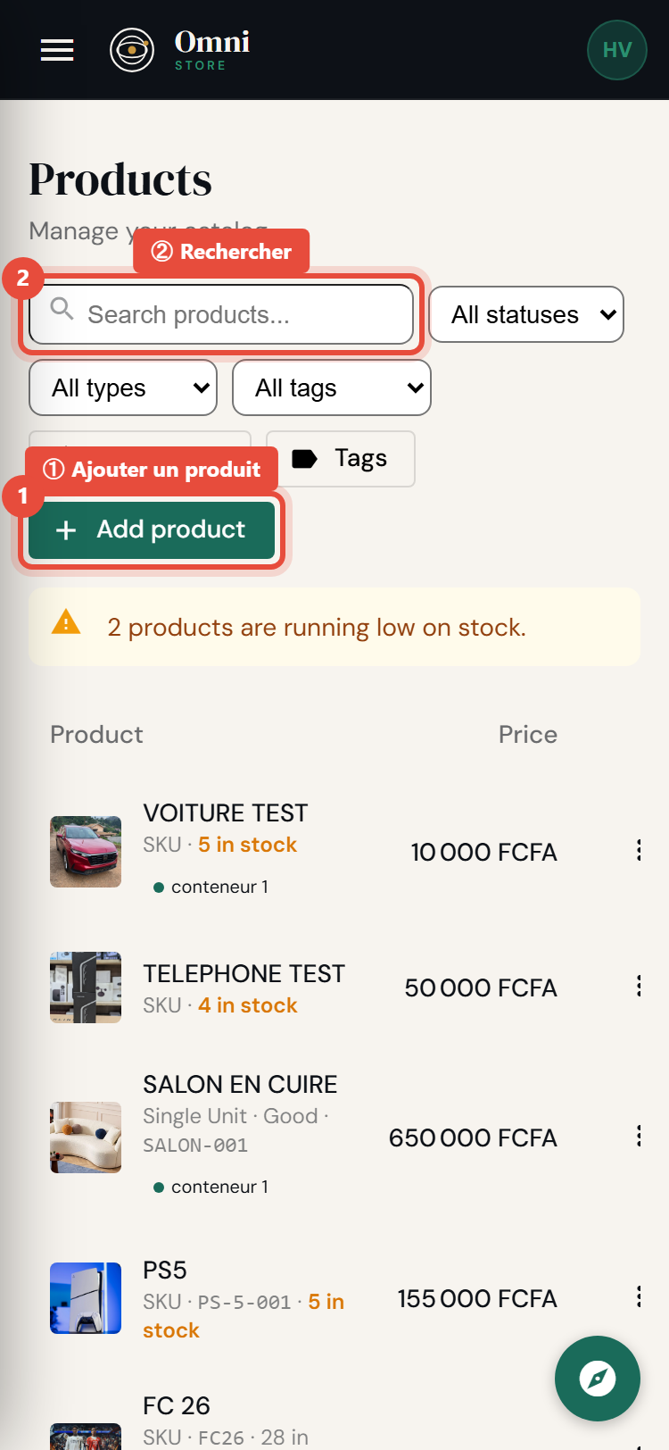 Étape 1 - Cliquez sur Ajouter un produit - mobile