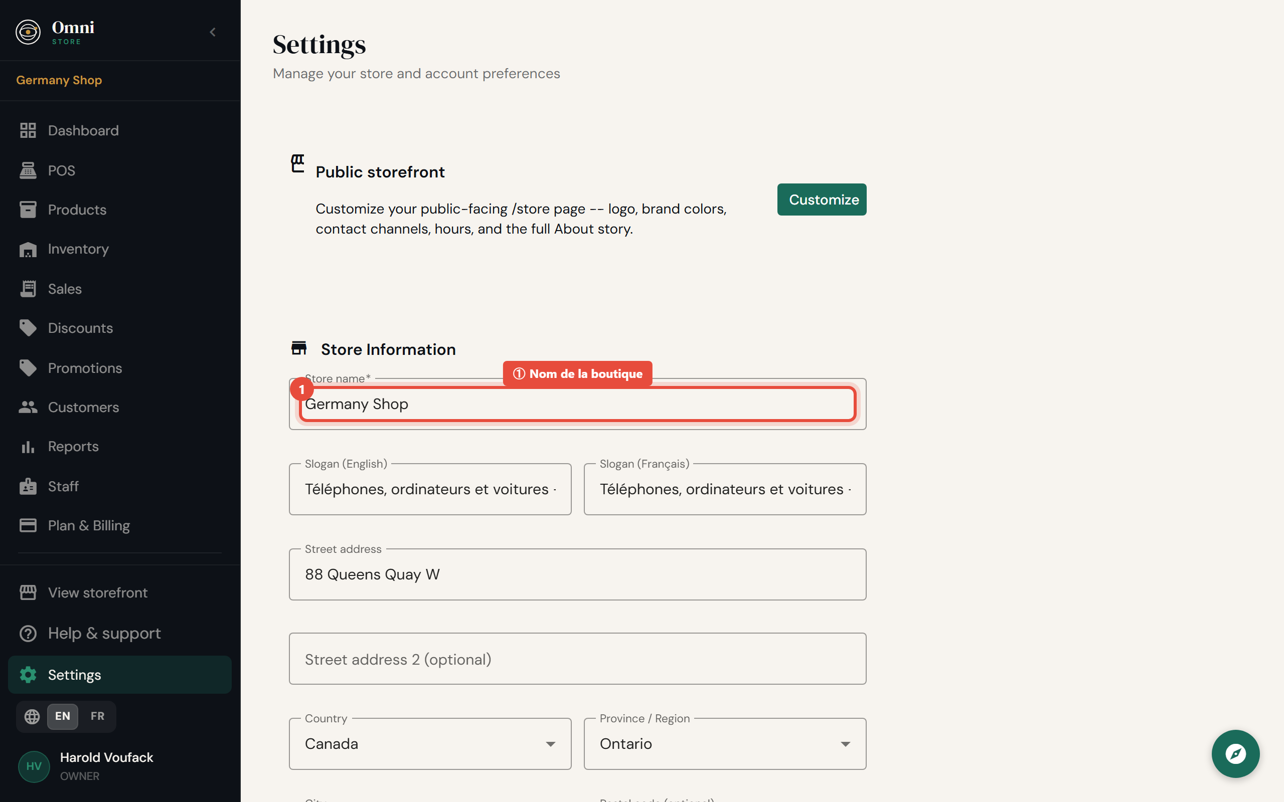 Page des réglages