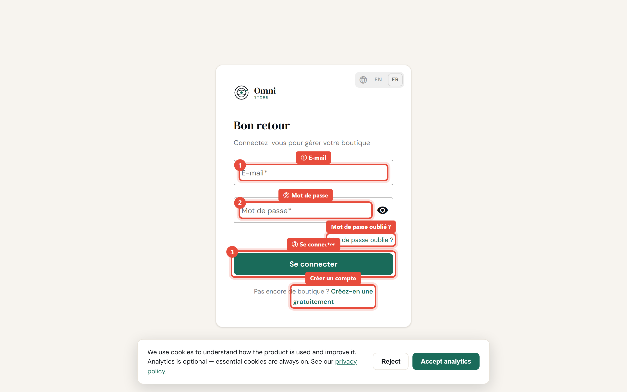 Page de connexion - saisissez e-mail, mot de passe et cliquez sur Se connecter