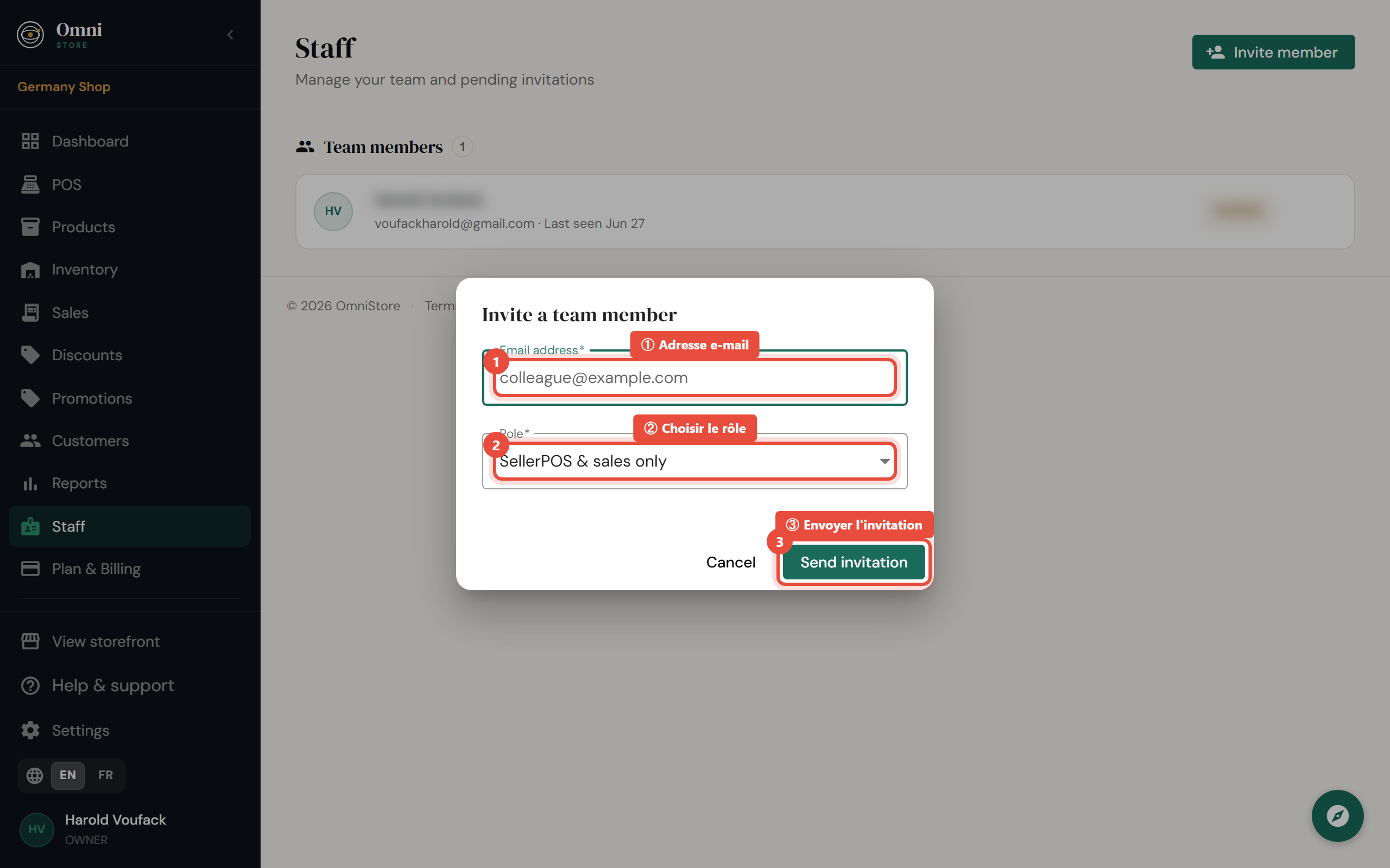 Étapes 2–4 - Saisissez l'e-mail et le rôle