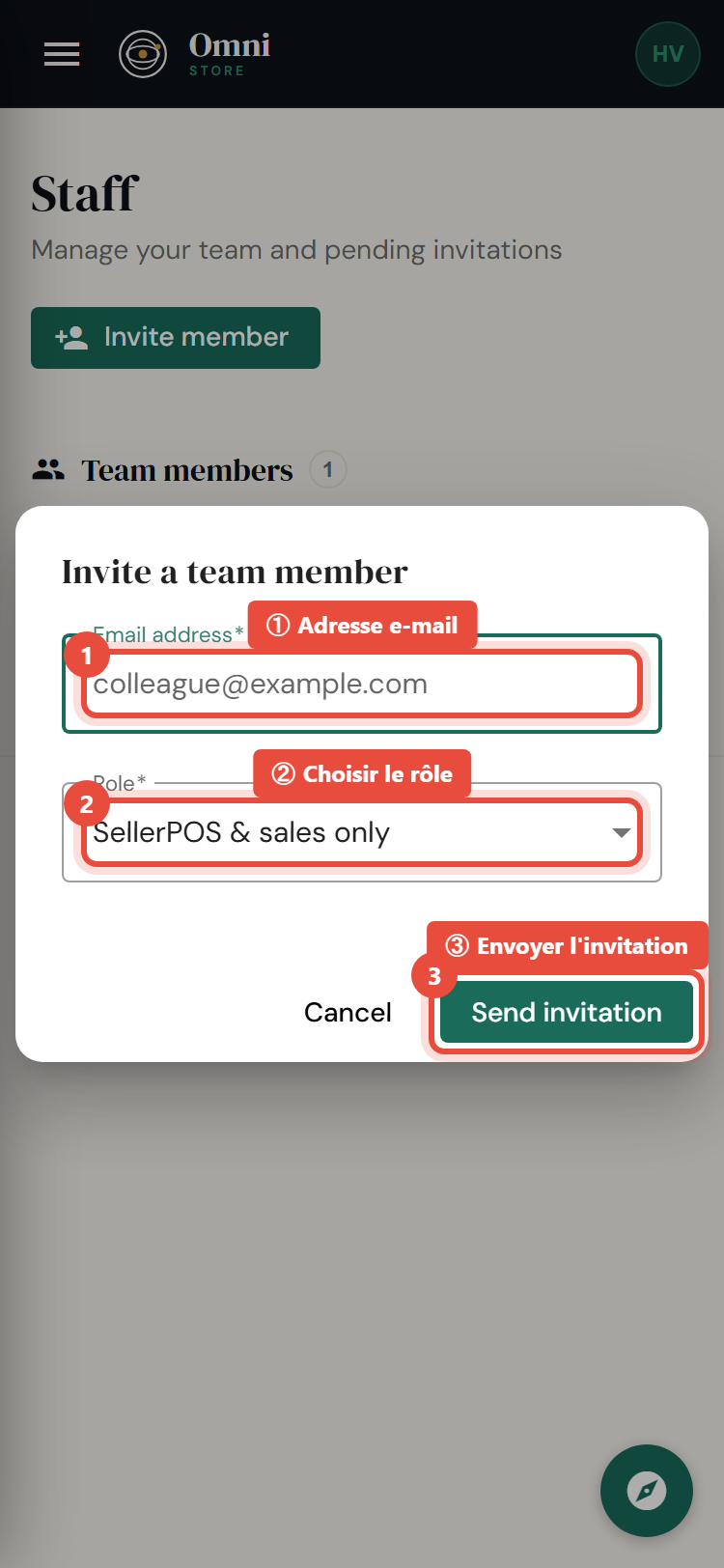 Étapes 2–4 - Saisissez l'e-mail et le rôle - mobile